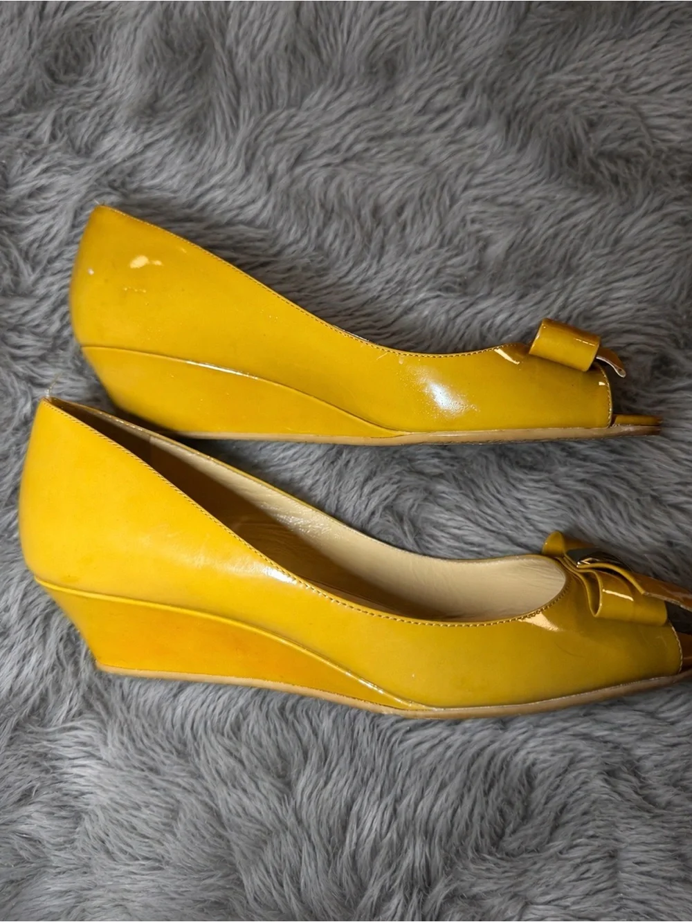 kate spade Brown Patent Peep Toe Flats with Bow & Pyramid Stud